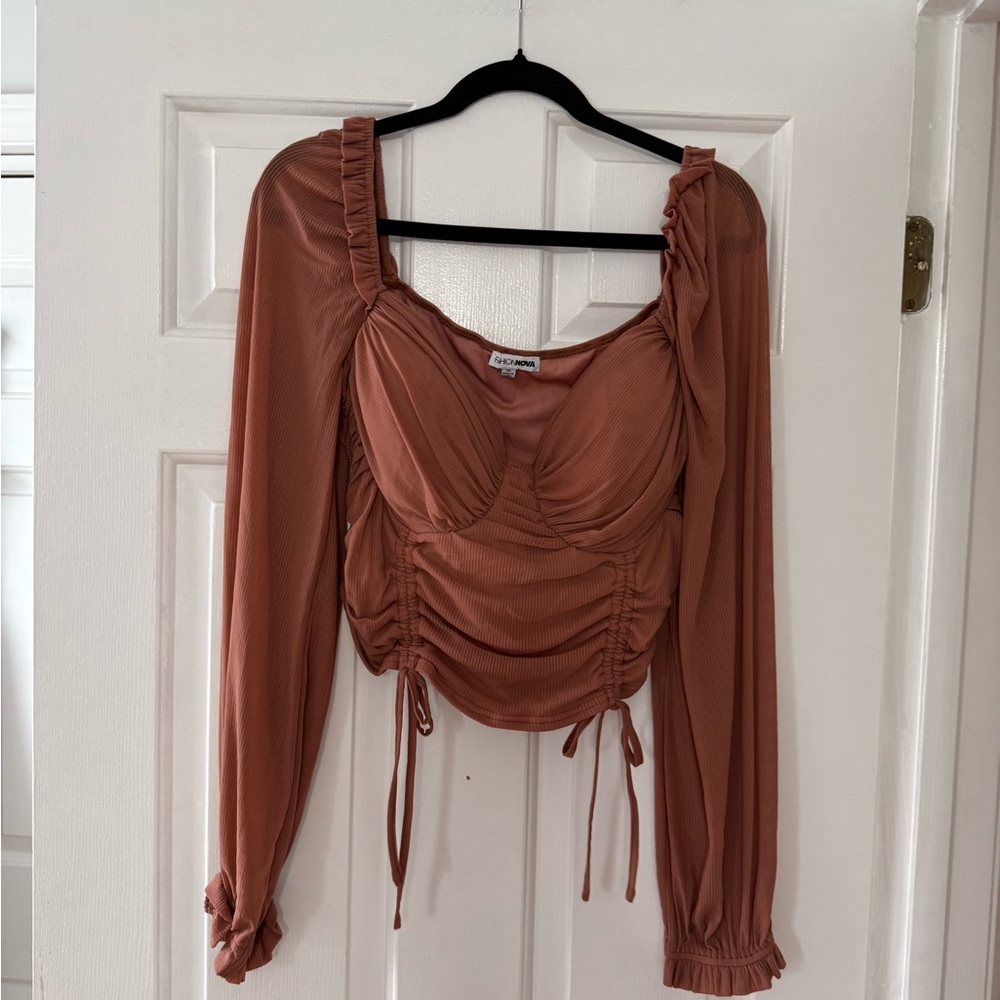 Fashion Nova Rust Long-Sleeve Ruched Sweetheart Crop Top